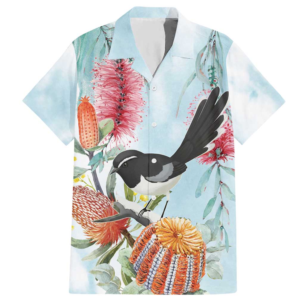 Willie wagtail Australia Hawaiian Shirt Banksia Bottlebrushes Watercolor Stylized - Aussie Hoodie