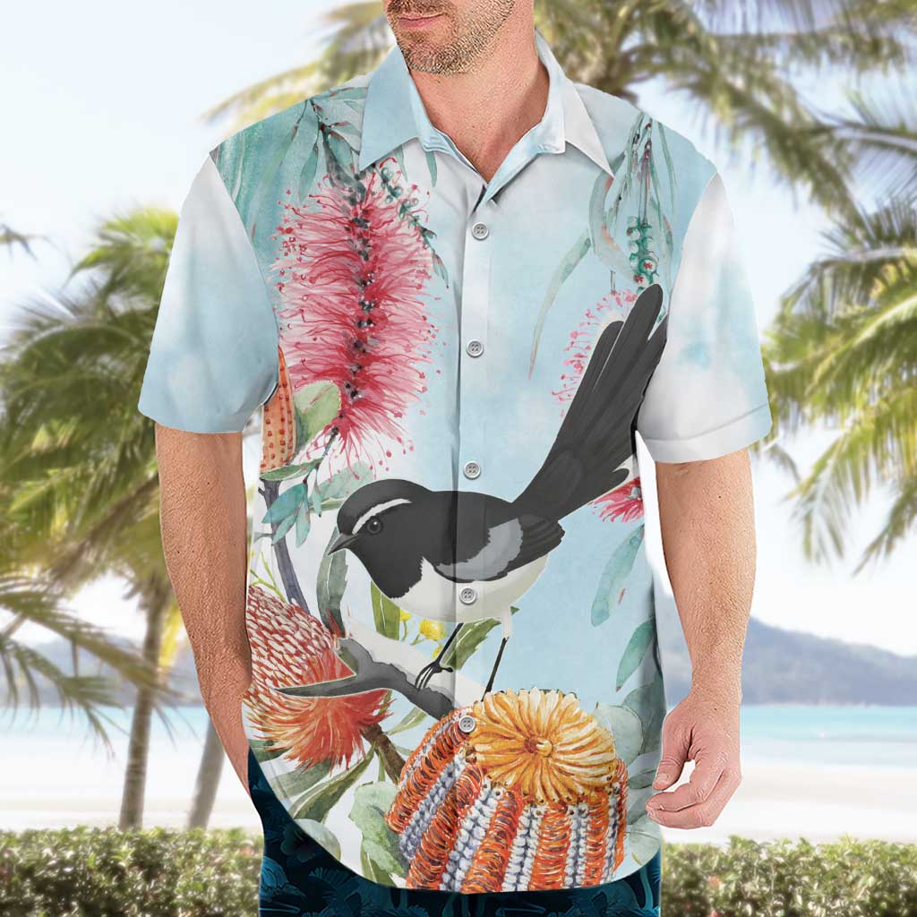 Willie wagtail Australia Hawaiian Shirt Banksia Bottlebrushes Watercolor Stylized - Aussie Hoodie