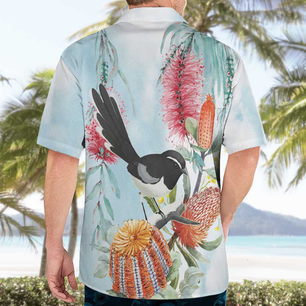 Willie wagtail Australia Hawaiian Shirt Banksia Bottlebrushes Watercolor Stylized - Aussie Hoodie