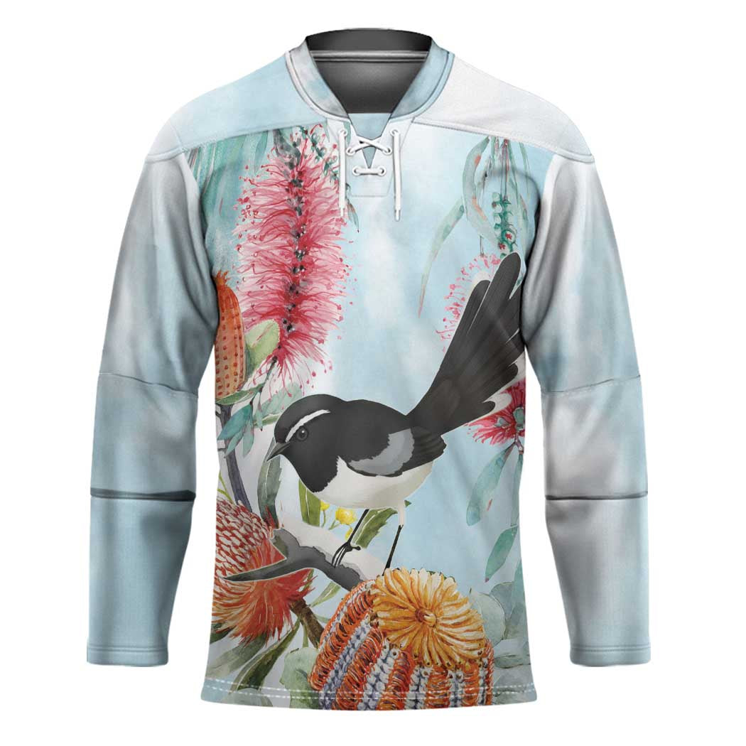 Willie wagtail Australia Hockey Jersey Banksia Bottlebrushes Watercolor Stylized - Aussie Hoodie