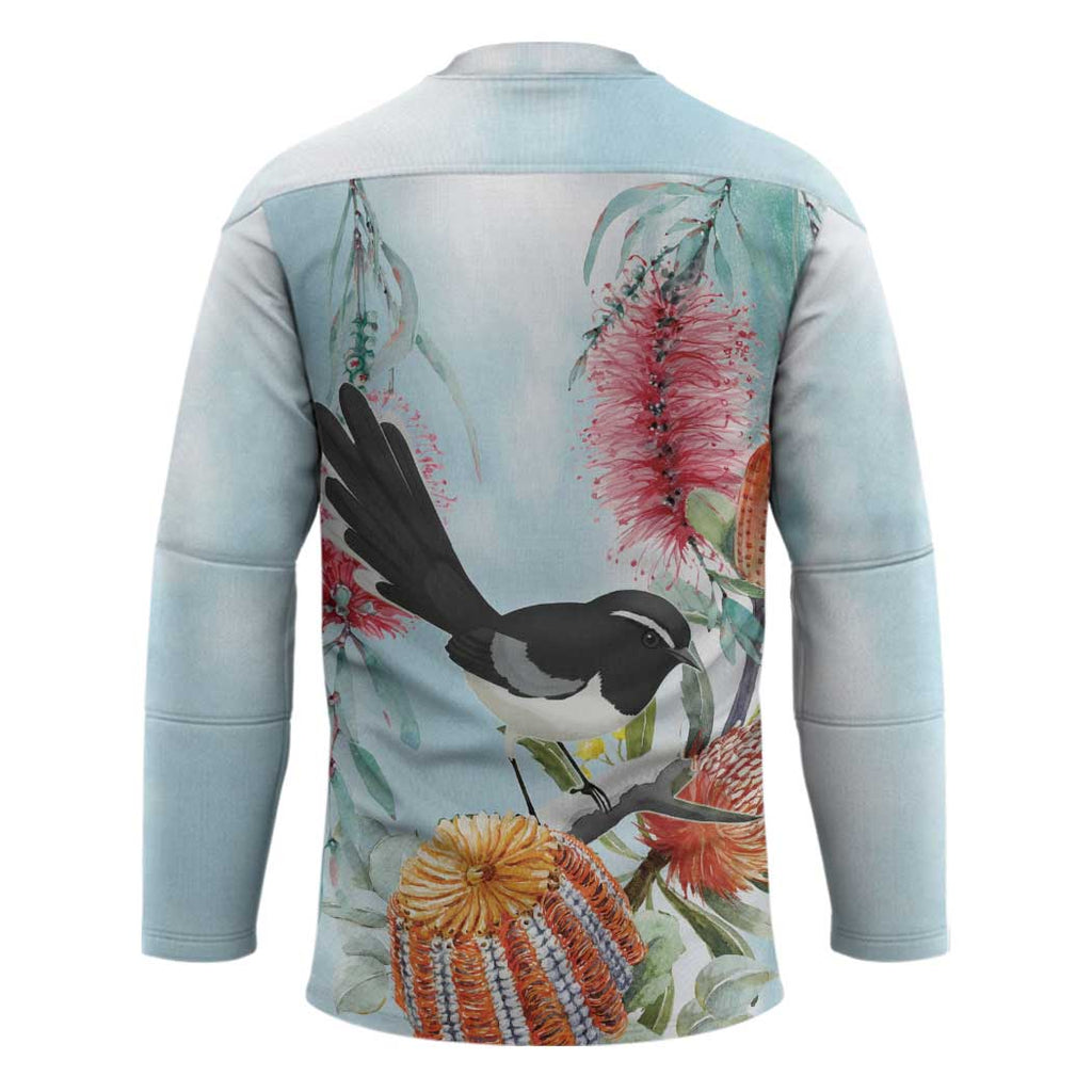 Willie wagtail Australia Hockey Jersey Banksia Bottlebrushes Watercolor Stylized - Aussie Hoodie