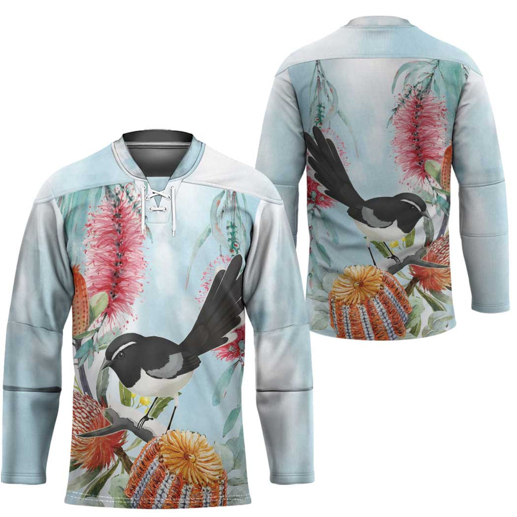 Willie wagtail Australia Hockey Jersey Banksia Bottlebrushes Watercolor Stylized - Aussie Hoodie