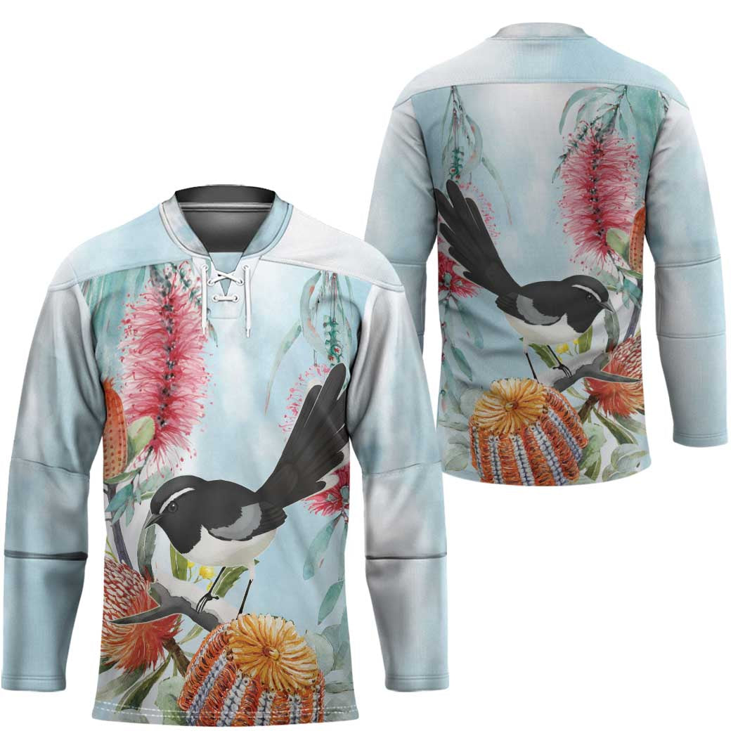 Willie wagtail Australia Hockey Jersey Banksia Bottlebrushes Watercolor Stylized - Aussie Hoodie
