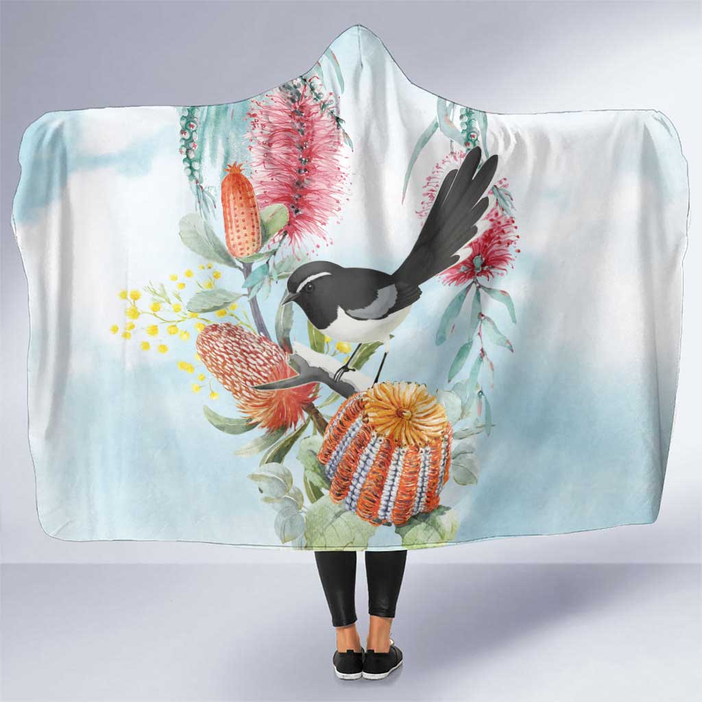 Willie wagtail Australia Hooded Blanket Banksia Bottlebrushes Watercolor Stylized - Aussie Hoodie
