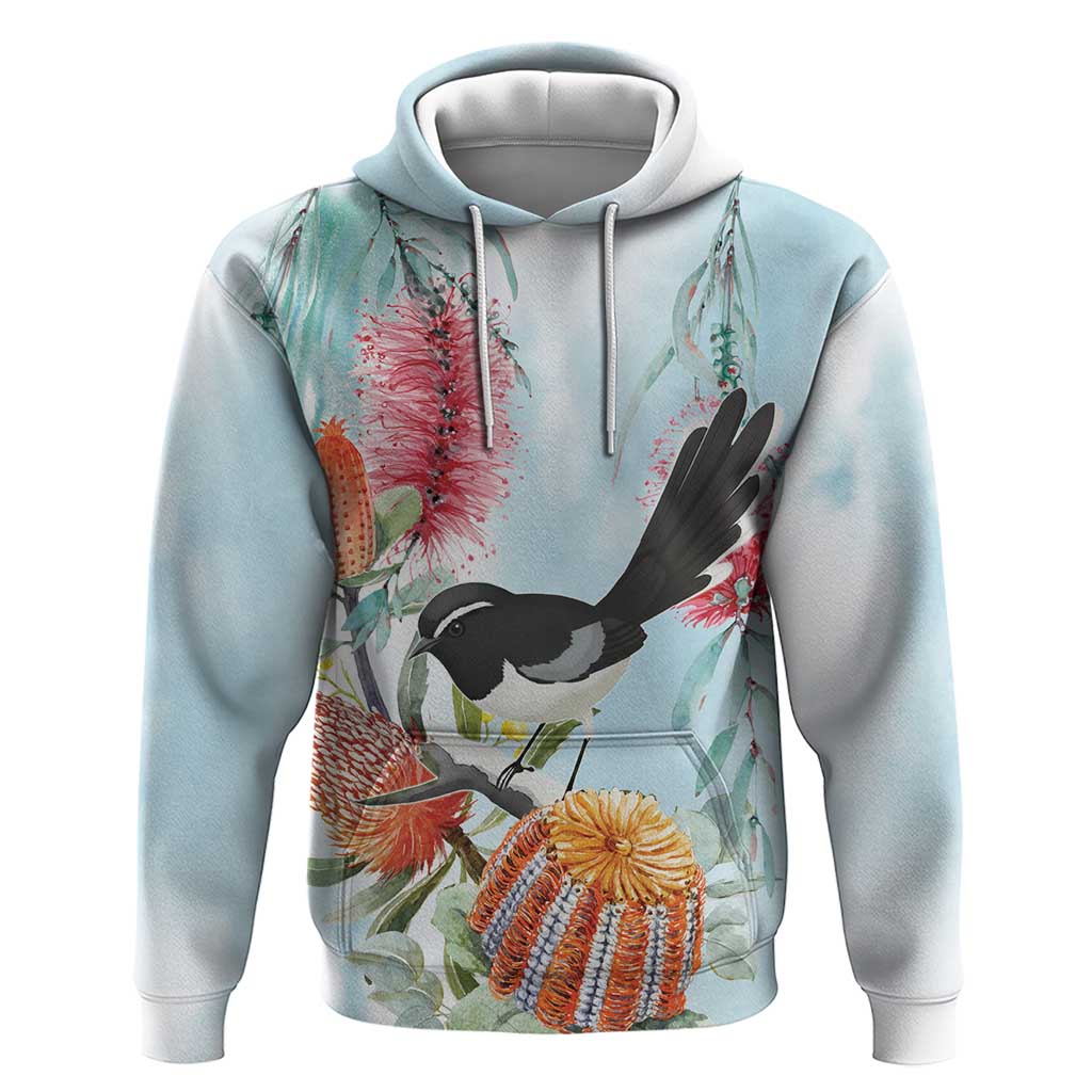 Willie wagtail Australia Hoodie Banksia Bottlebrushes Watercolor Stylized - Aussie Hoodie