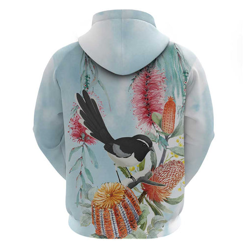 Willie wagtail Australia Hoodie Banksia Bottlebrushes Watercolor Stylized - Aussie Hoodie