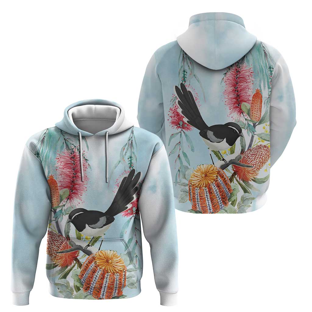 Willie wagtail Australia Hoodie Banksia Bottlebrushes Watercolor Stylized - Aussie Hoodie