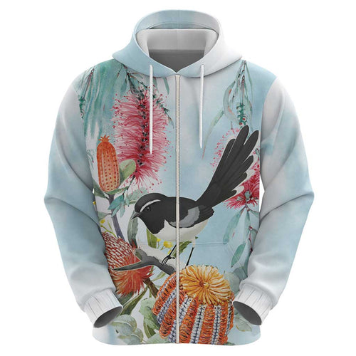 Willie wagtail Australia Hoodie Banksia Bottlebrushes Watercolor Stylized - Aussie Hoodie