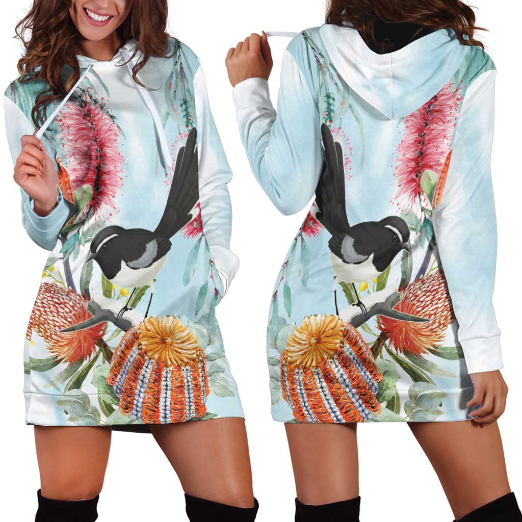 Willie wagtail Australia Hoodie Dress Banksia Bottlebrushes Watercolor Stylized - Aussie Hoodie