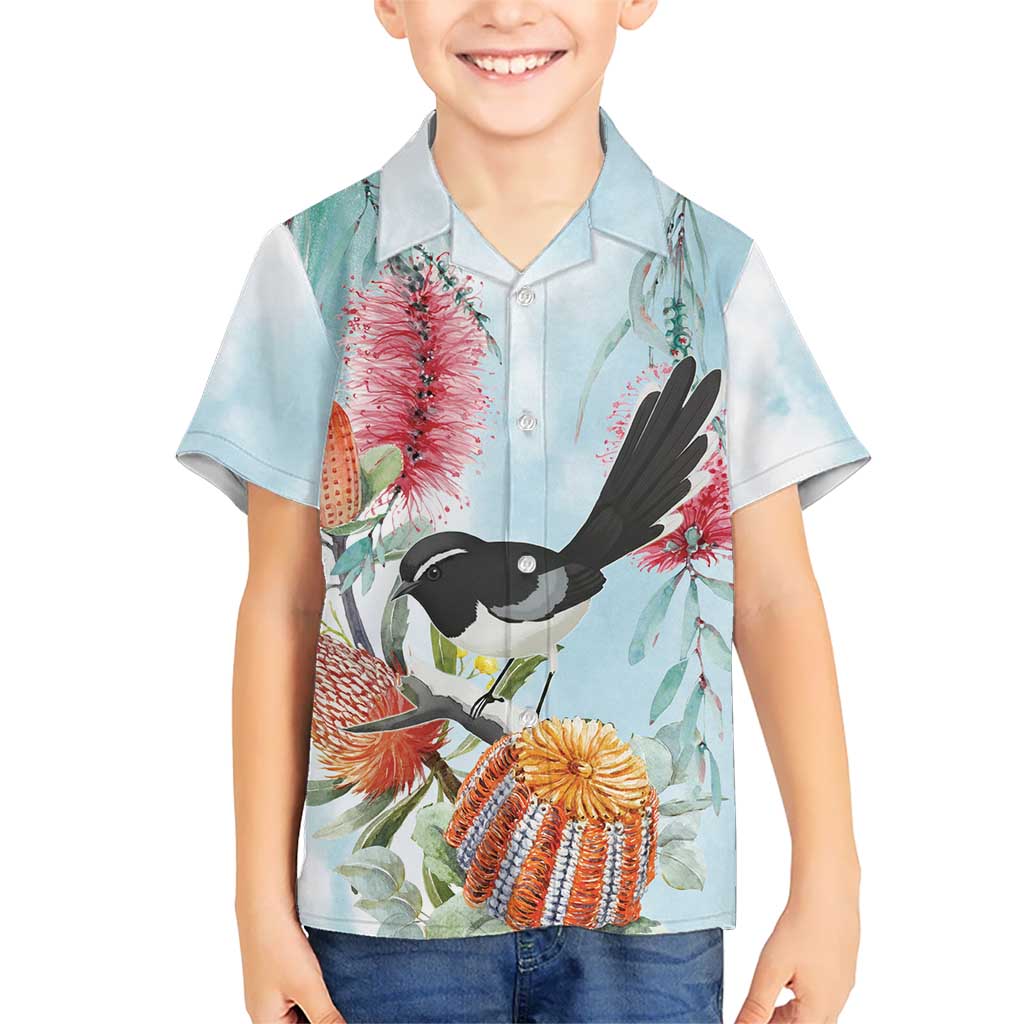 Willie wagtail Australia Kid Hawaiian Shirt Banksia Bottlebrushes Watercolor Stylized - Aussie Hoodie