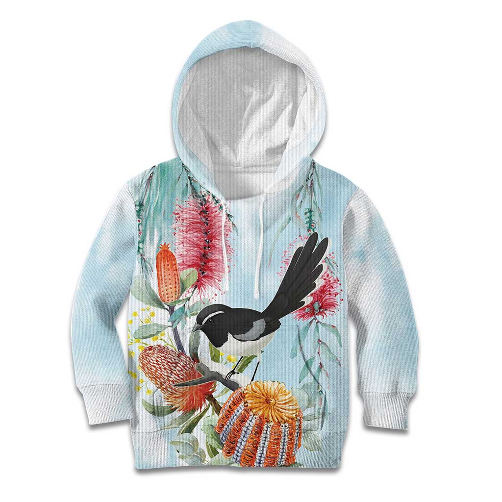 Willie wagtail Australia Kid Hoodie Banksia Bottlebrushes Watercolor Stylized - Aussie Hoodie
