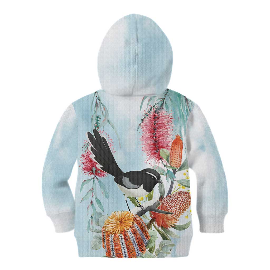 Willie wagtail Australia Kid Hoodie Banksia Bottlebrushes Watercolor Stylized - Aussie Hoodie