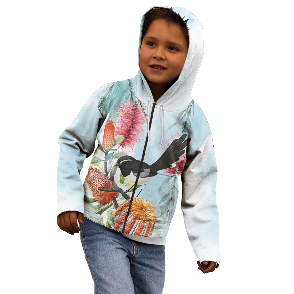 Willie wagtail Australia Kid Hoodie Banksia Bottlebrushes Watercolor Stylized - Aussie Hoodie