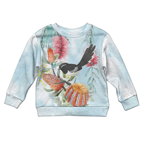 Willie wagtail Australia Kid Ugly Christmas Sweater Banksia Bottlebrushes Watercolor Stylized - Aussie Hoodie
