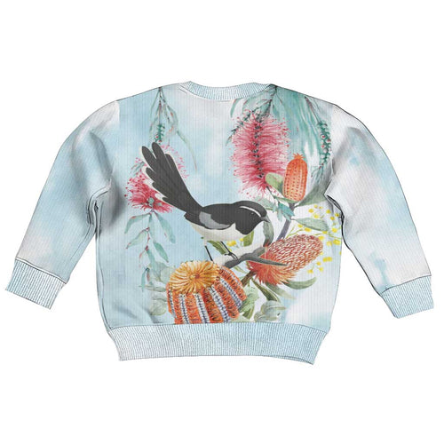 Willie wagtail Australia Kid Ugly Christmas Sweater Banksia Bottlebrushes Watercolor Stylized - Aussie Hoodie