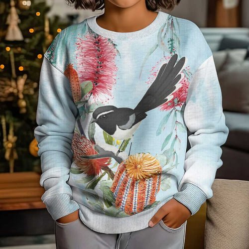 Willie wagtail Australia Kid Ugly Christmas Sweater Banksia Bottlebrushes Watercolor Stylized - Aussie Hoodie