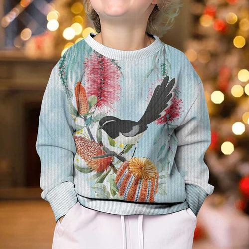 Willie wagtail Australia Kid Ugly Christmas Sweater Banksia Bottlebrushes Watercolor Stylized - Aussie Hoodie