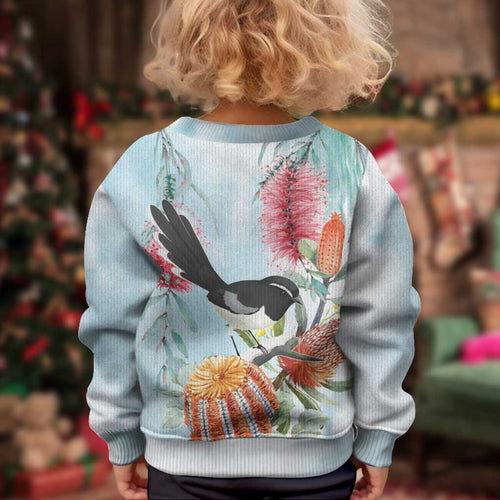 Willie wagtail Australia Kid Ugly Christmas Sweater Banksia Bottlebrushes Watercolor Stylized - Aussie Hoodie