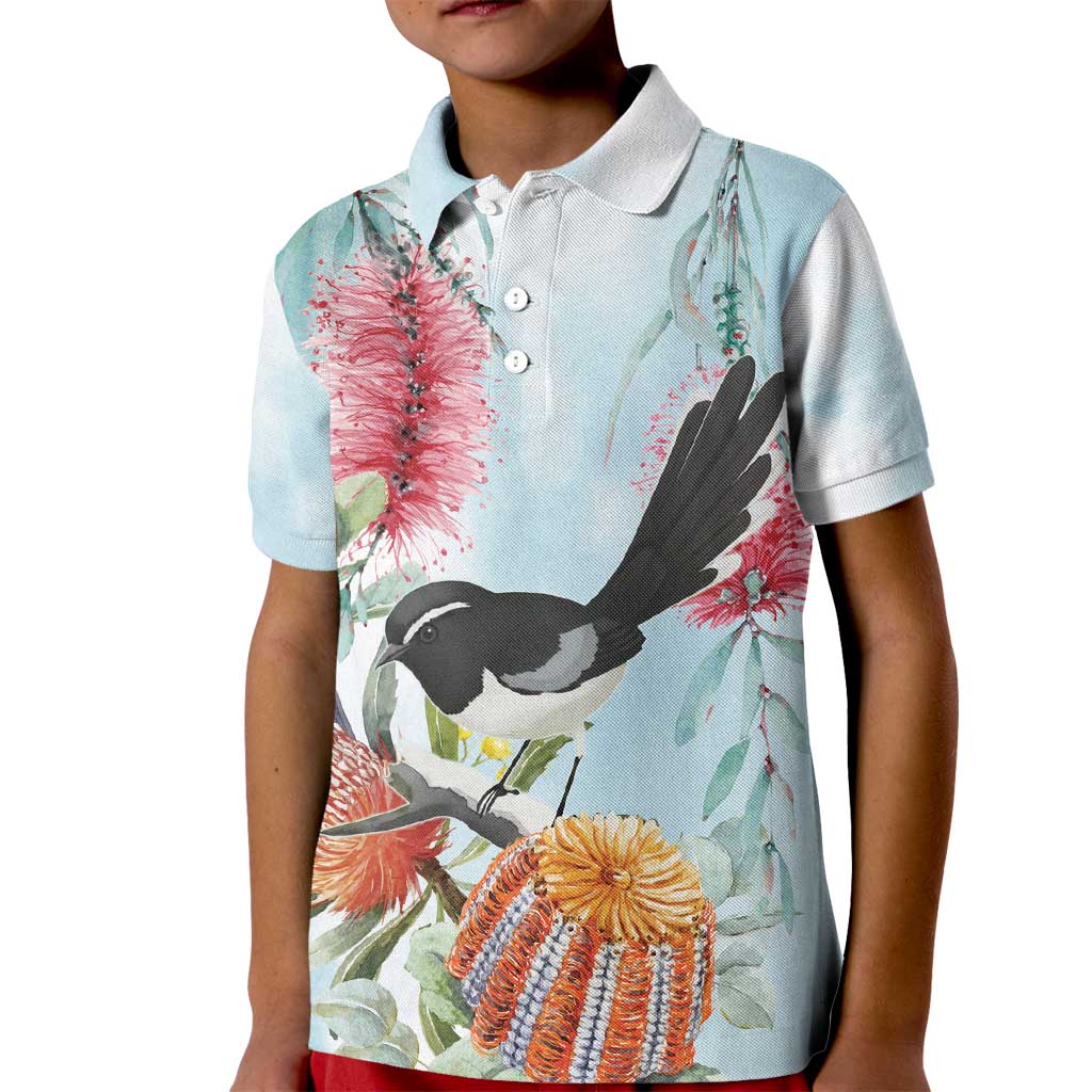 Willie wagtail Australia Kid Polo Shirt Banksia Bottlebrushes Watercolor Stylized - Aussie Hoodie