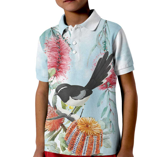 Willie wagtail Australia Kid Polo Shirt Banksia Bottlebrushes Watercolor Stylized - Aussie Hoodie