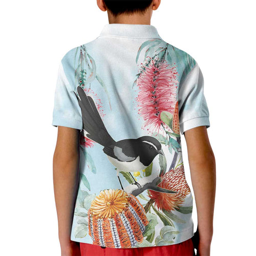 Willie wagtail Australia Kid Polo Shirt Banksia Bottlebrushes Watercolor Stylized - Aussie Hoodie
