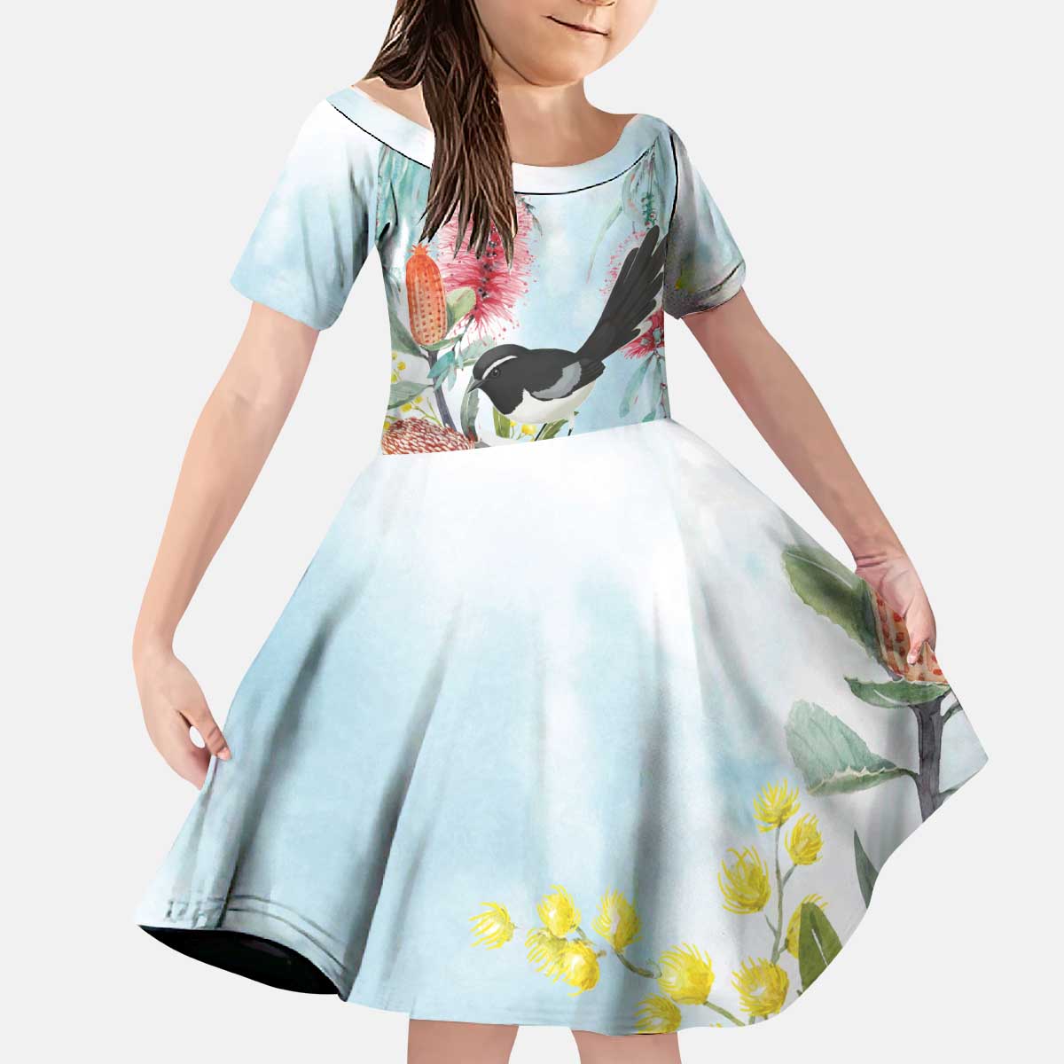 Willie wagtail Australia Kid Short Sleeve Dress Banksia Bottlebrushes Watercolor Stylized - Aussie Hoodie