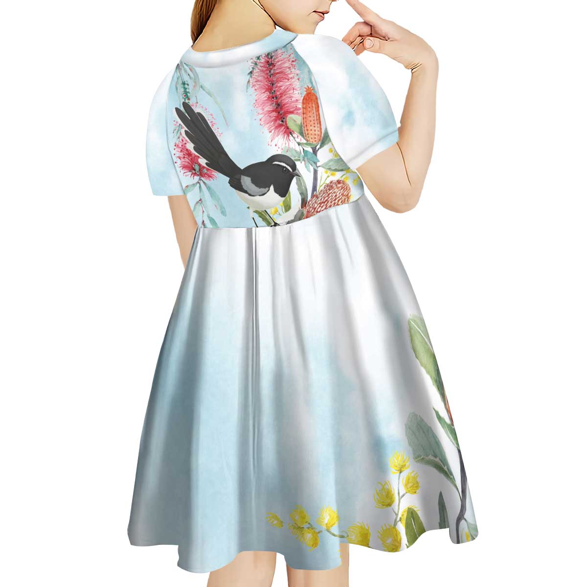 Willie wagtail Australia Kid Short Sleeve Dress Banksia Bottlebrushes Watercolor Stylized - Aussie Hoodie