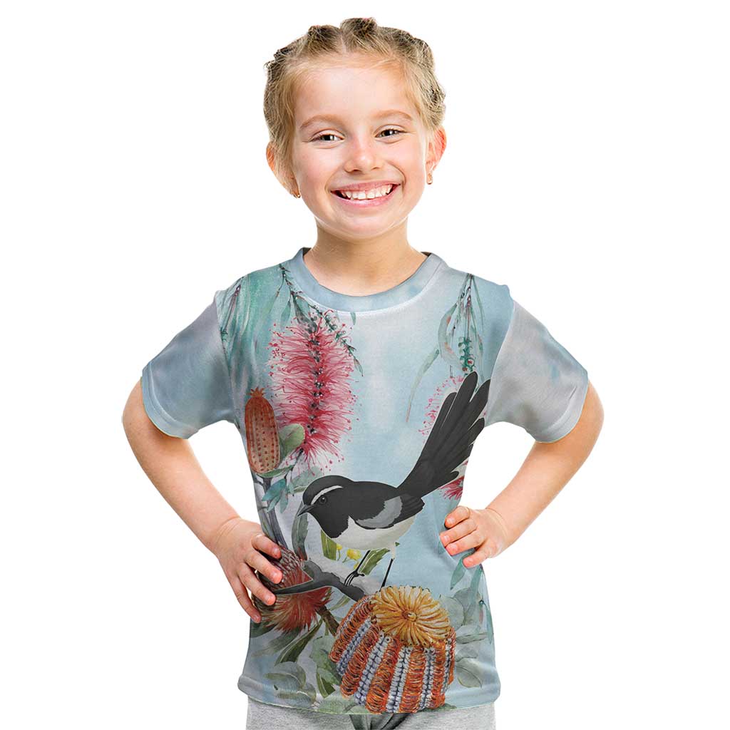 Willie wagtail Australia Kid T Shirt Banksia Bottlebrushes Watercolor Stylized - Aussie Hoodie