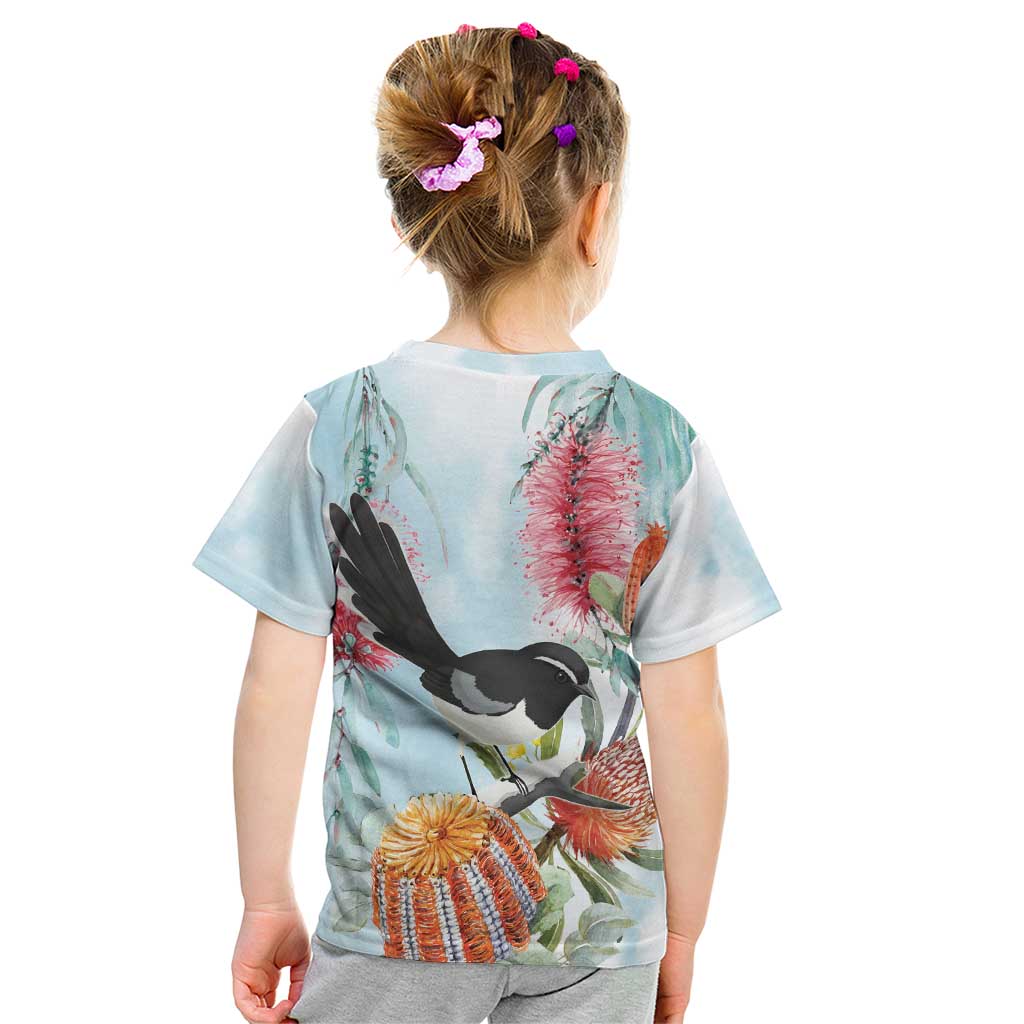 Willie wagtail Australia Kid T Shirt Banksia Bottlebrushes Watercolor Stylized - Aussie Hoodie