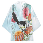 Willie wagtail Australia Kimono Banksia Bottlebrushes Watercolor Stylized - Aussie Hoodie