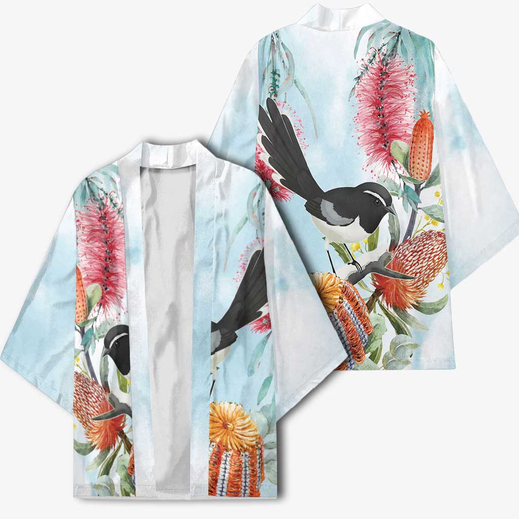 Willie wagtail Australia Kimono Banksia Bottlebrushes Watercolor Stylized - Aussie Hoodie