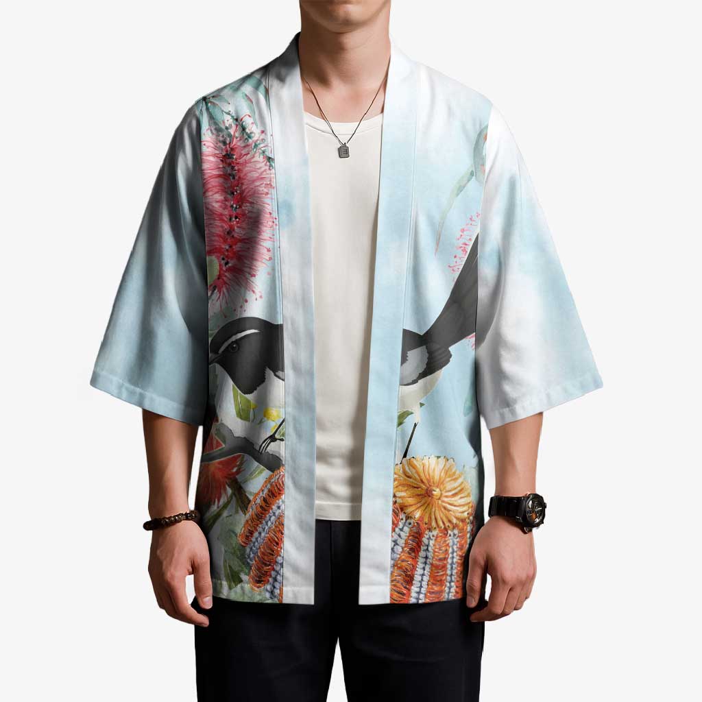 Willie wagtail Australia Kimono Banksia Bottlebrushes Watercolor Stylized - Aussie Hoodie