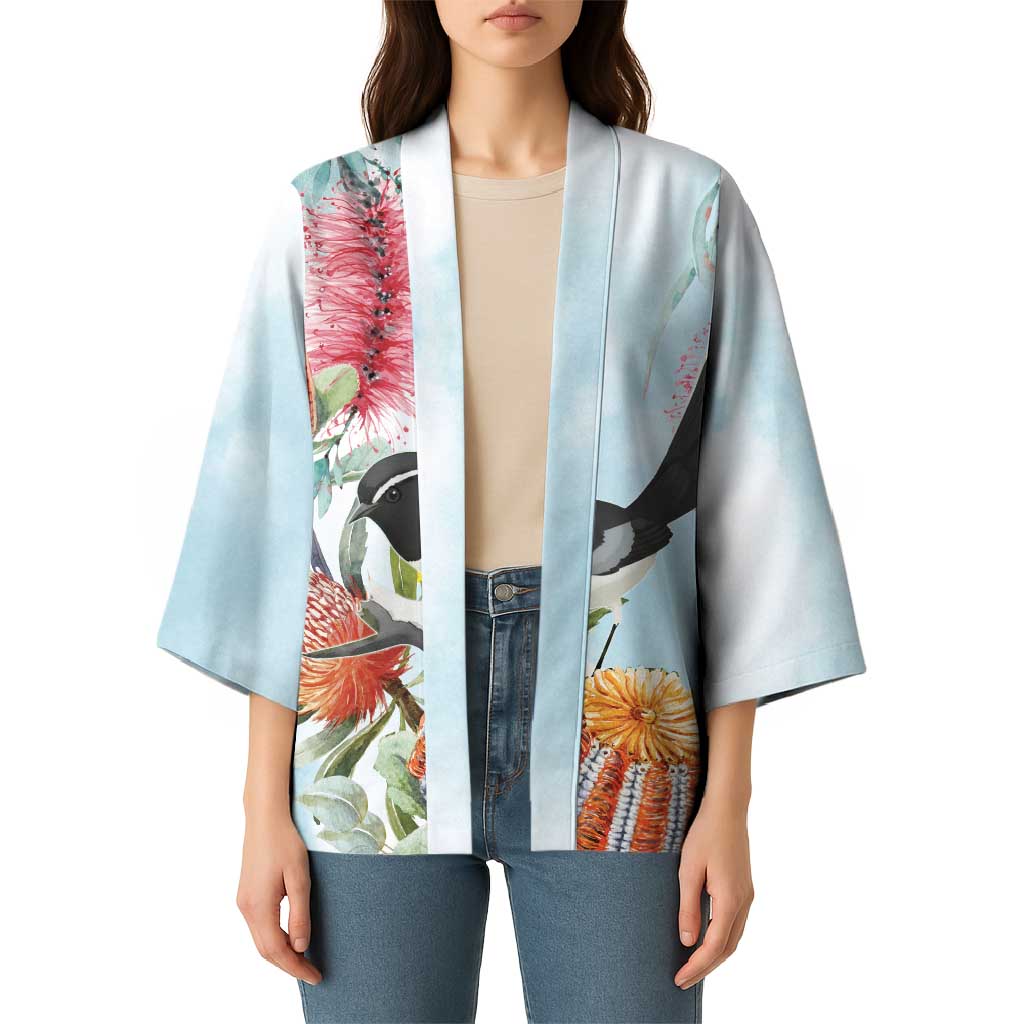 Willie wagtail Australia Kimono Banksia Bottlebrushes Watercolor Stylized - Aussie Hoodie