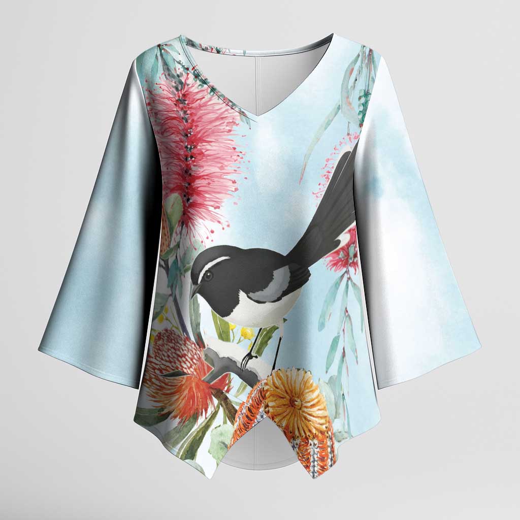 Willie wagtail Australia Kimono Sleeve Blouse Banksia Bottlebrushes Watercolor Stylized - Aussie Hoodie