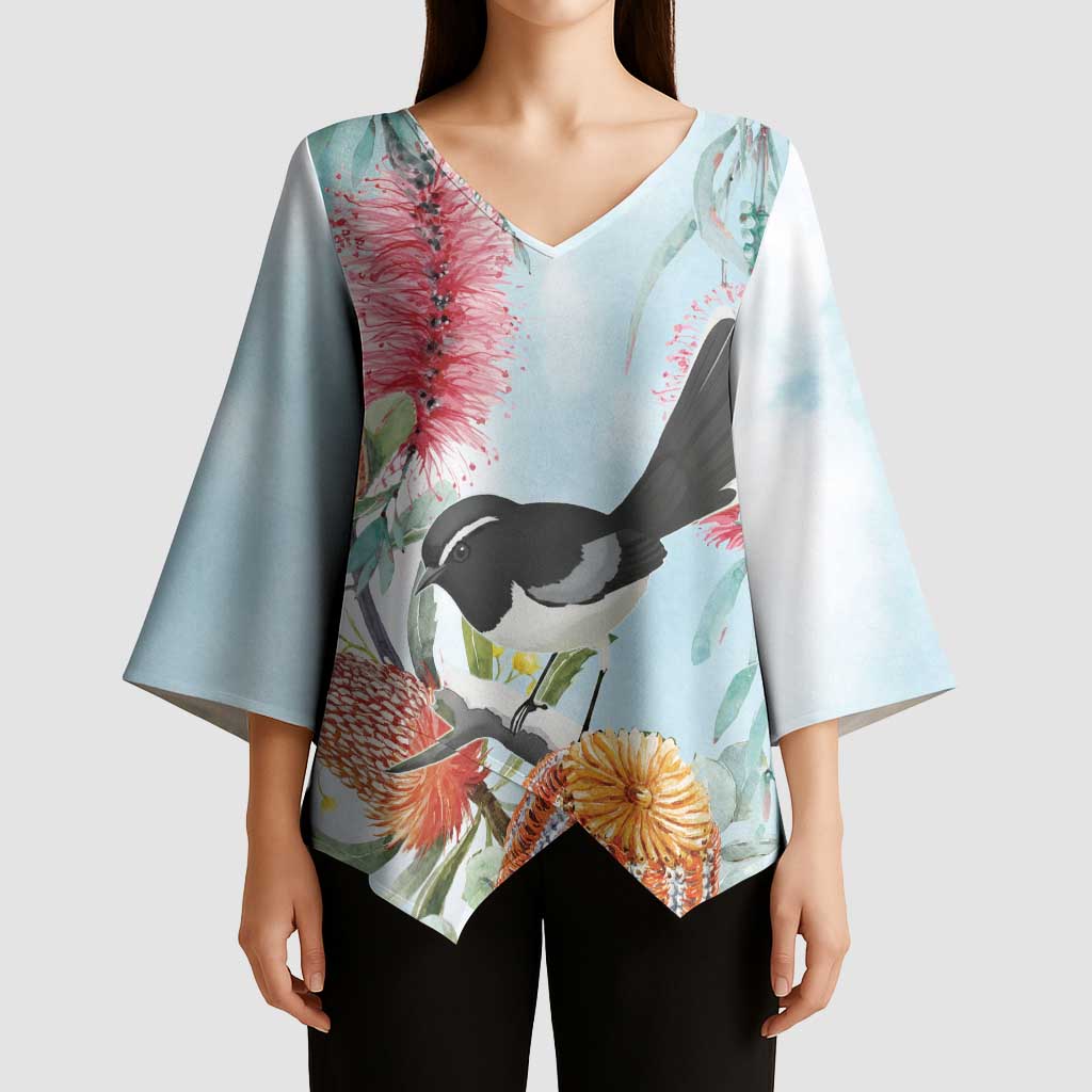 Willie wagtail Australia Kimono Sleeve Blouse Banksia Bottlebrushes Watercolor Stylized - Aussie Hoodie