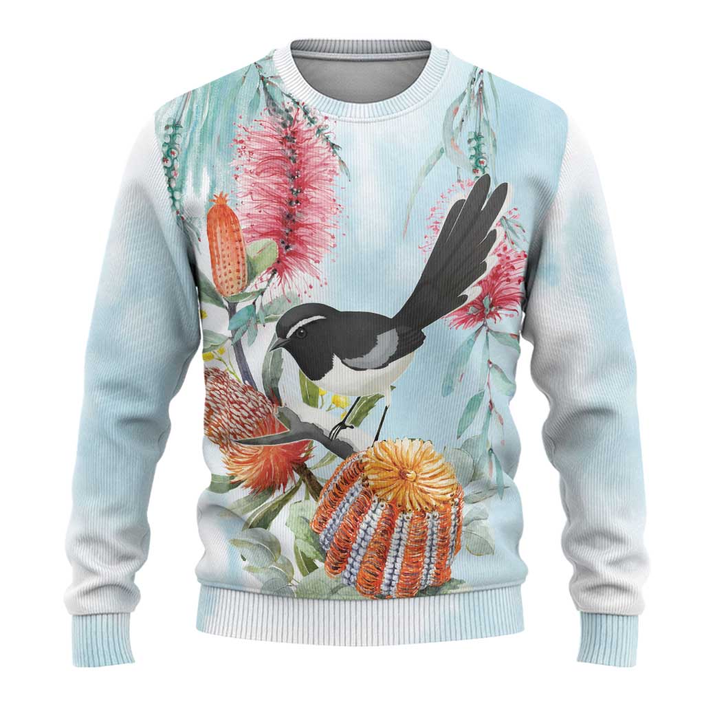 Willie wagtail Australia Ugly Christmas Sweater Banksia Bottlebrushes Watercolor Stylized - Aussie Hoodie