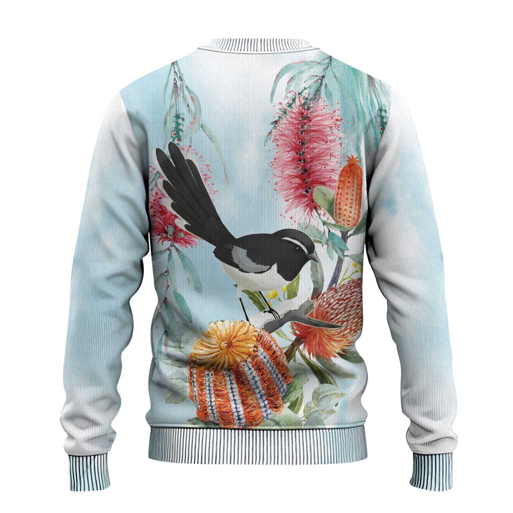 Willie wagtail Australia Ugly Christmas Sweater Banksia Bottlebrushes Watercolor Stylized - Aussie Hoodie