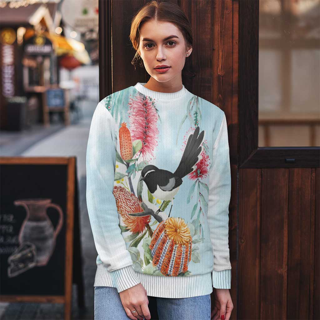 Willie wagtail Australia Ugly Christmas Sweater Banksia Bottlebrushes Watercolor Stylized - Aussie Hoodie