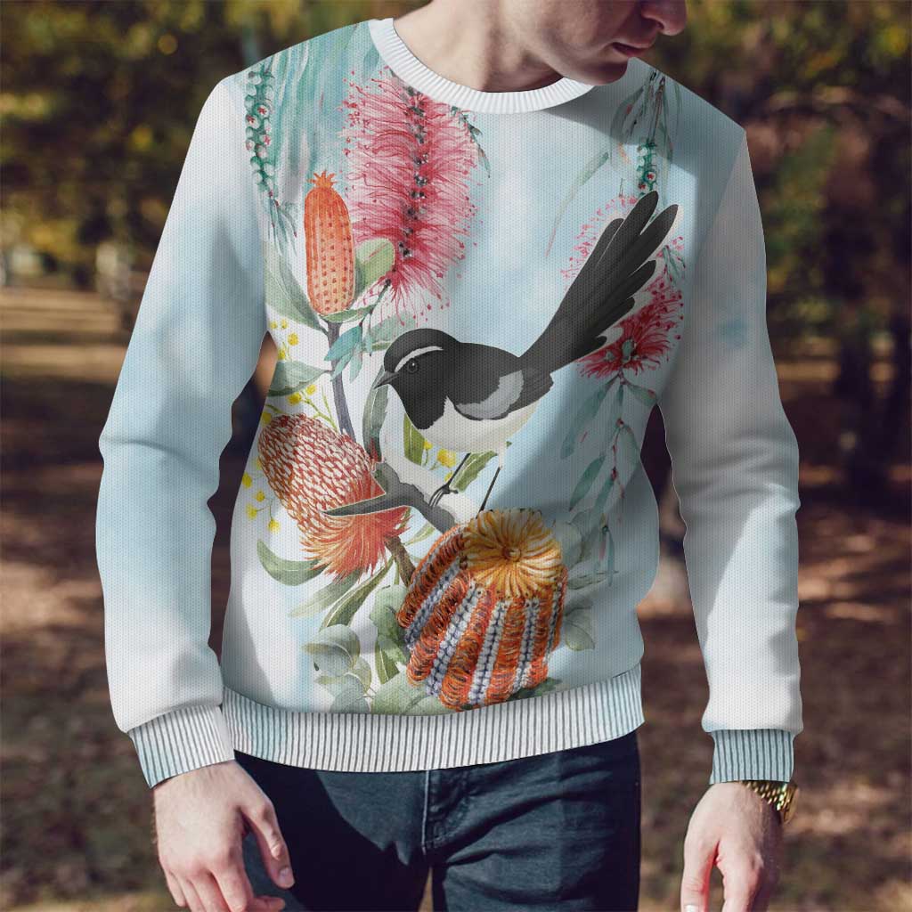 Willie wagtail Australia Ugly Christmas Sweater Banksia Bottlebrushes Watercolor Stylized - Aussie Hoodie