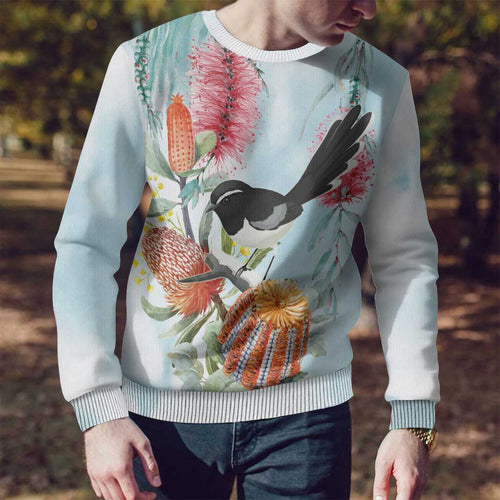 Willie wagtail Australia Ugly Christmas Sweater Banksia Bottlebrushes Watercolor Stylized - Aussie Hoodie