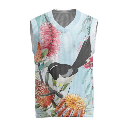 Willie wagtail Australia Christmas Knitted V-Neck Vest Banksia Bottlebrushes Watercolor Stylized - Aussie Hoodie