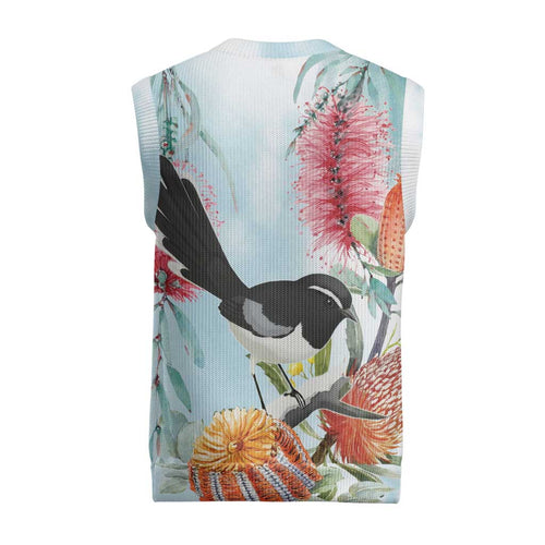 Willie wagtail Australia Christmas Knitted V-Neck Vest Banksia Bottlebrushes Watercolor Stylized - Aussie Hoodie