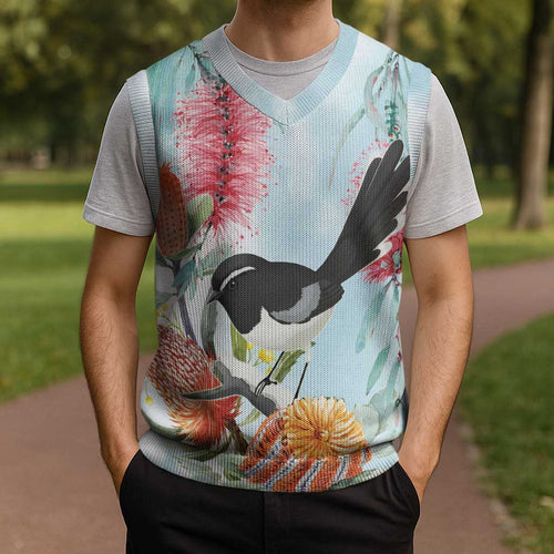 Willie wagtail Australia Christmas Knitted V-Neck Vest Banksia Bottlebrushes Watercolor Stylized - Aussie Hoodie
