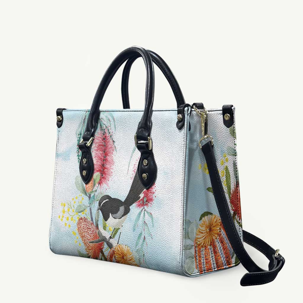 Willie wagtail Australia Leather Bag Banksia Bottlebrushes Watercolor Stylized - Aussie Hoodie