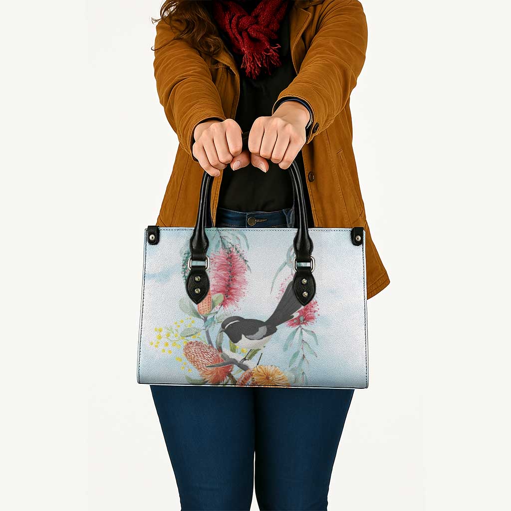 Willie wagtail Australia Leather Bag Banksia Bottlebrushes Watercolor Stylized - Aussie Hoodie
