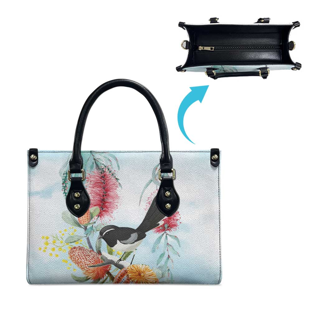 Willie wagtail Australia Leather Bag Banksia Bottlebrushes Watercolor Stylized - Aussie Hoodie
