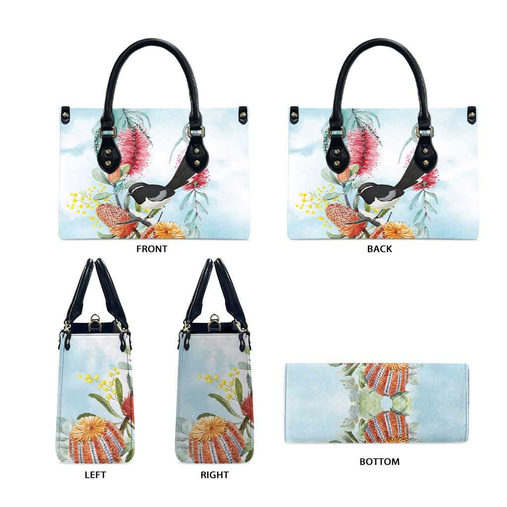 Willie wagtail Australia Leather Bag Banksia Bottlebrushes Watercolor Stylized - Aussie Hoodie