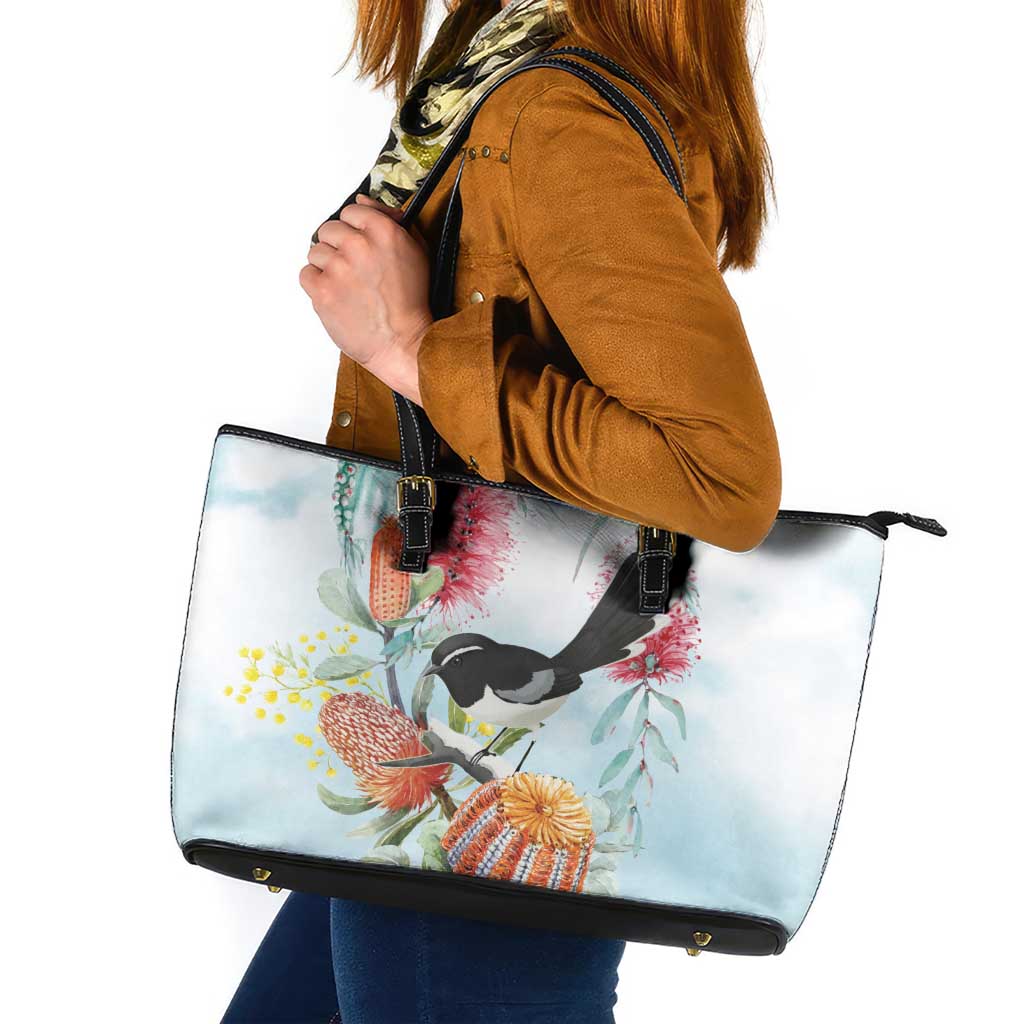 Willie wagtail Australia Leather Tote Bag Banksia Bottlebrushes Watercolor Stylized - Aussie Hoodie