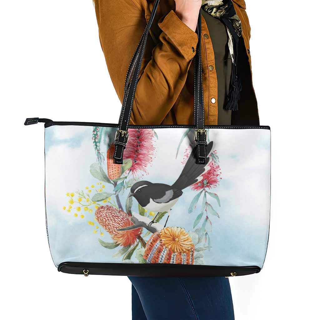 Willie wagtail Australia Leather Tote Bag Banksia Bottlebrushes Watercolor Stylized - Aussie Hoodie
