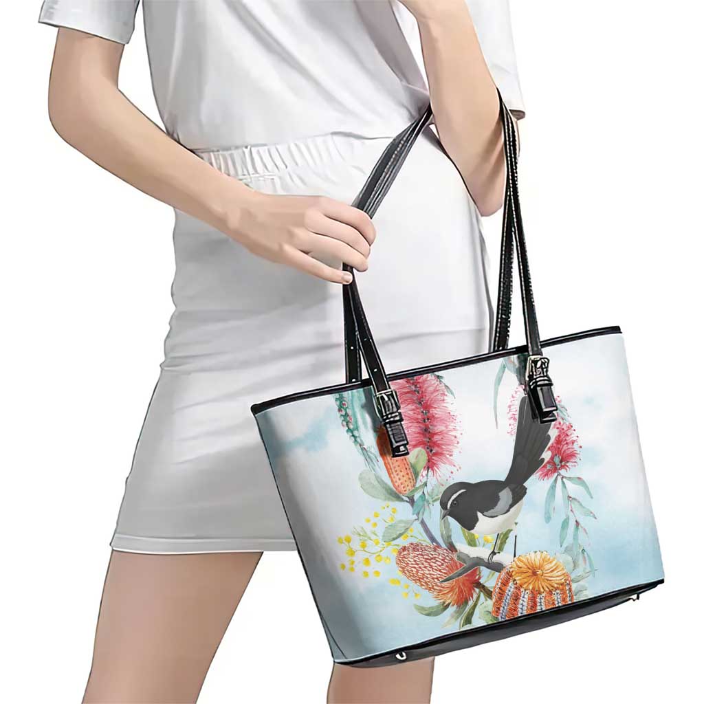 Willie wagtail Australia Leather Tote Bag Banksia Bottlebrushes Watercolor Stylized - Aussie Hoodie